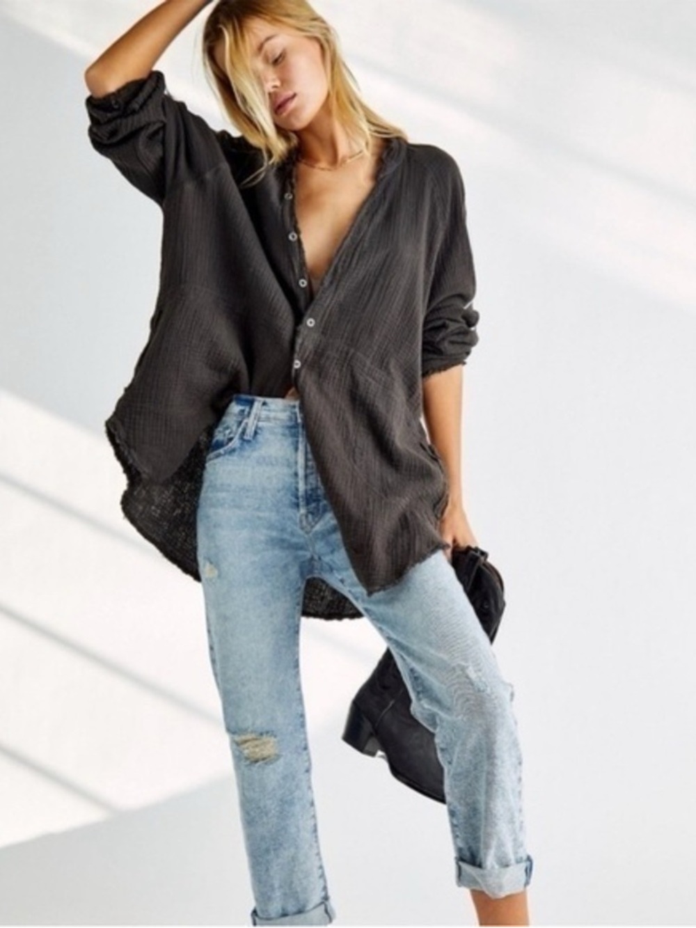We the Free Summer Daydream Button-down Gauze Shirt in Black - Picture 2 of 7